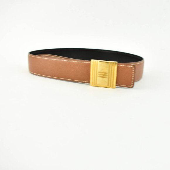 HERMES: Black/Brown, Leather & Gold "H" Buckle Belt fits 25" to 28" (wb) - Picture 2 of 11
